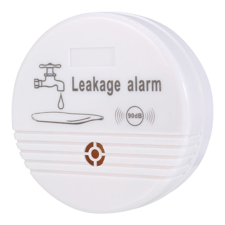 Round white leakage alarm sensor with faucet water icon, speaker symbol, and 90dB mark