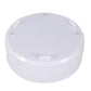 Round white water leak alarm sensor back with mounting screws and central button