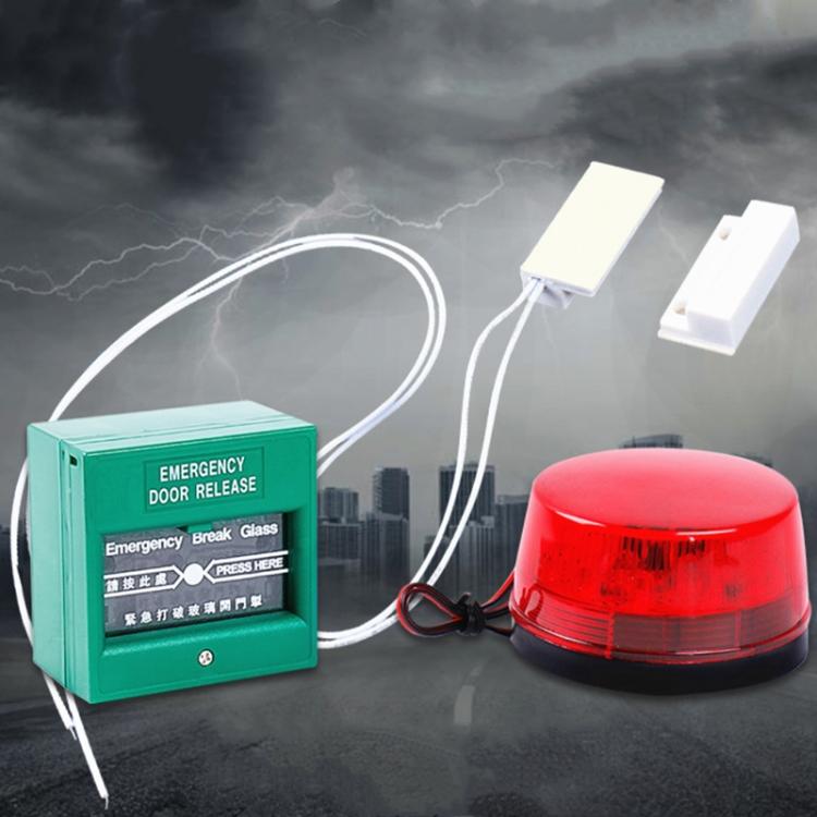 Magnetic door sensor wires and switches shown with an emergency alarm system