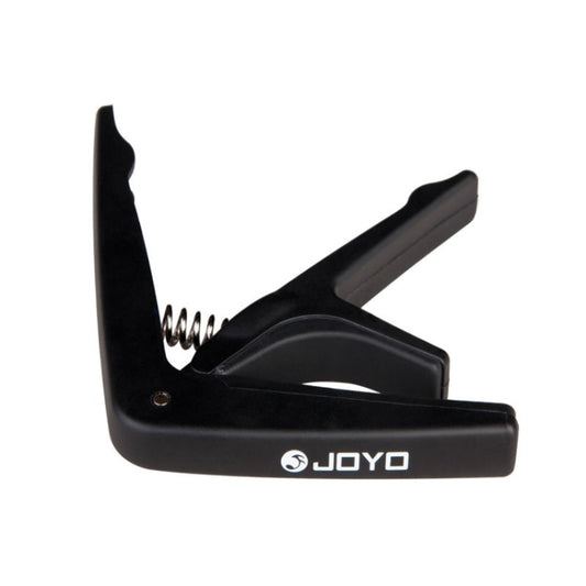 Black capo side view with spring and padded jaw for ukulele