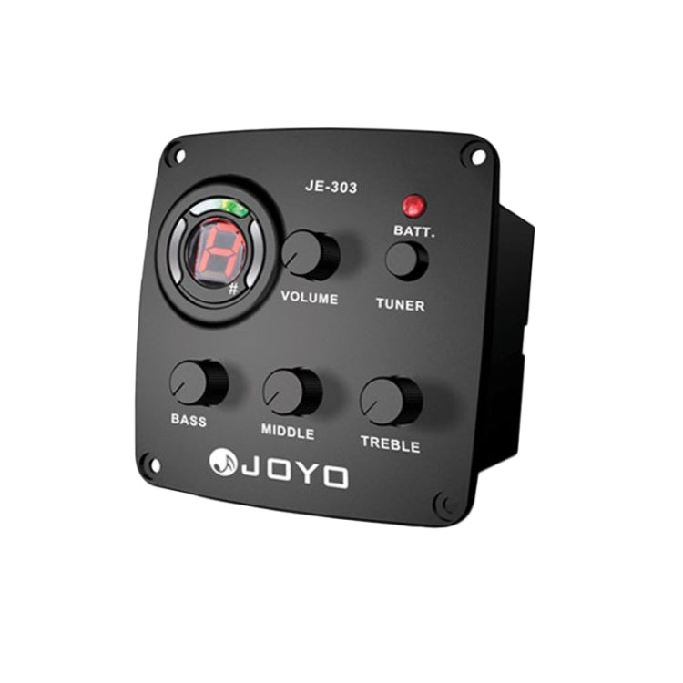 Black guitar preamp pickup with 3-band EQ, tuner display, and volume knob