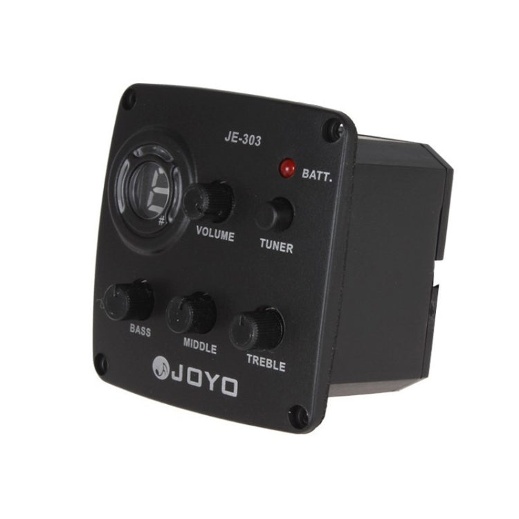 Black guitar preamp pickup with EQ controls and tuner indicator LED, angled view