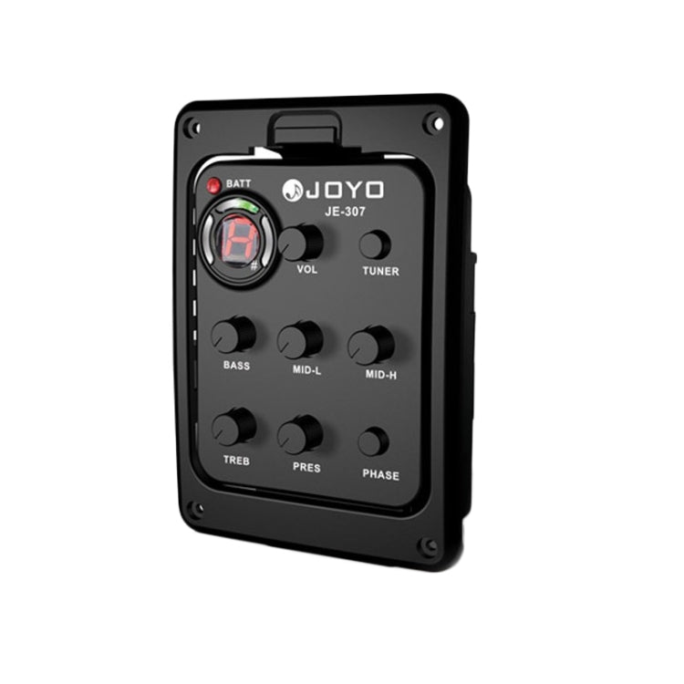 Black guitar EQ preamp with tuner display, volume knob, and bass/mid/treble controls