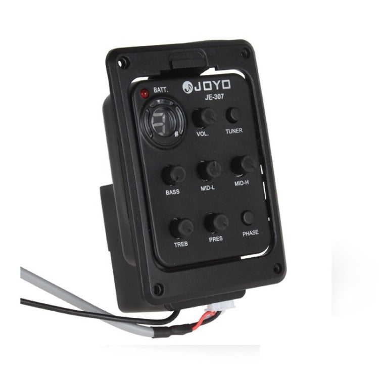 Black JOYO-style guitar pickup preamp module with tuning knob and EQ slider buttons