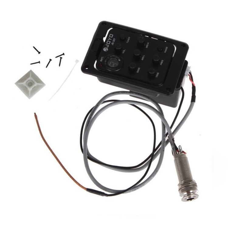 Black guitar preamp EQ unit with cable and threaded output jack for pickup