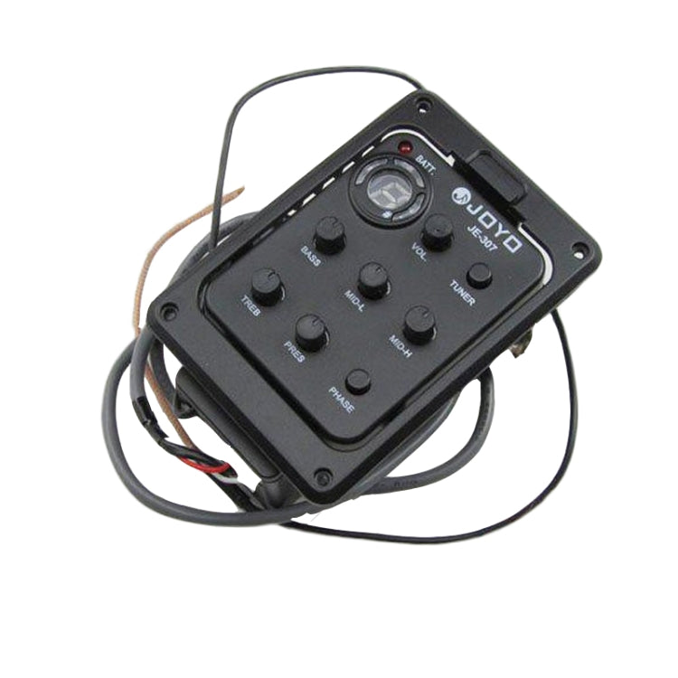 Black guitar pickup preamp with round dial controls, phase switch, and tuner markings