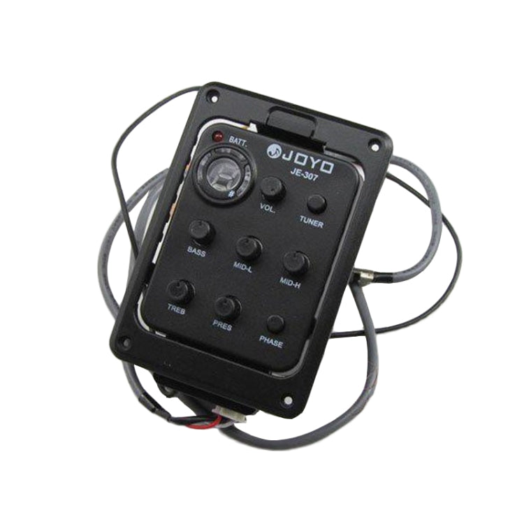 Black guitar EQ preamp with battery indicator, volume and tuner controls, and EQ knobs