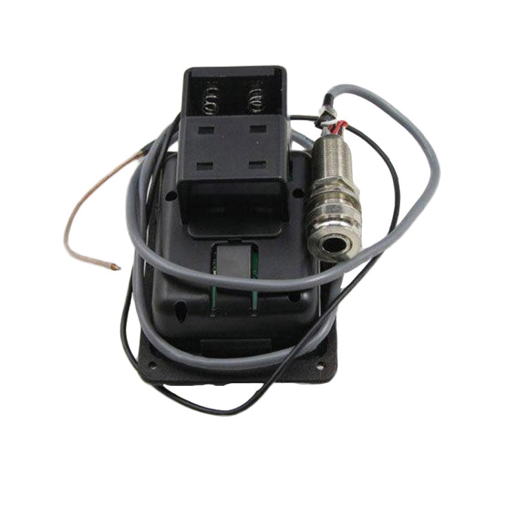 Rear view of black guitar preamp EQ with output jack and multi-pin connector
