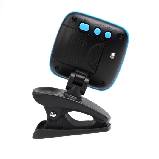 Clip-on guitar tuner metronome back panel with blue buttons and black clamp