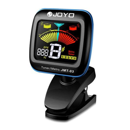 Clip-on guitar tuner metronome with blue LED display and black tilt stand