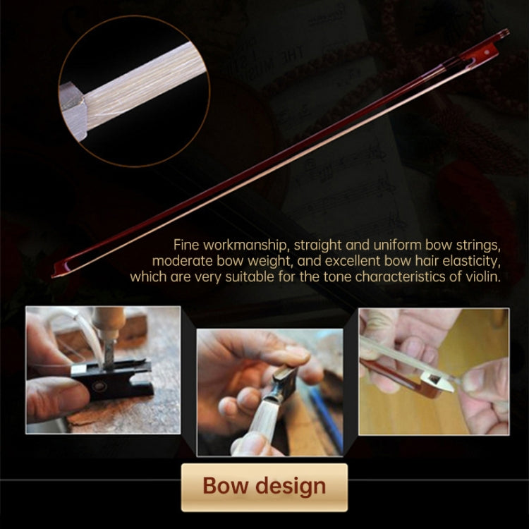 Acoustic violin bow hair close-up with dark strings and wood stick
