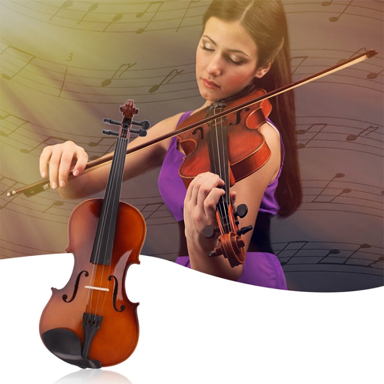 Acoustic violin being played, shown with bow and amber wooden body