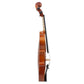 Full-size acoustic violin side view showing neck, bridge, and chinrest