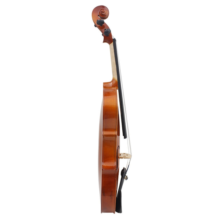Full-size acoustic violin side view showing neck, bridge, and chinrest