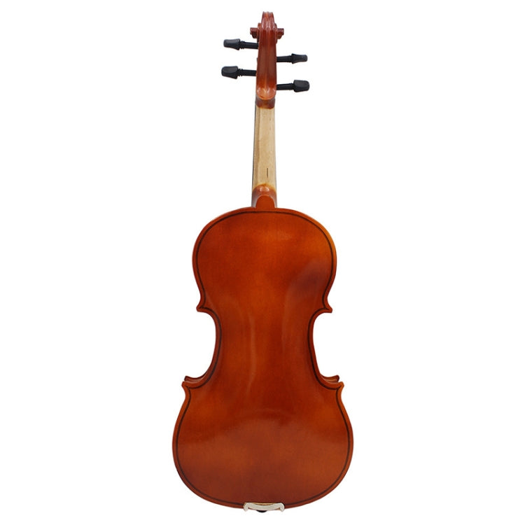 Acoustic violin back view with amber-brown wooden body and endpin