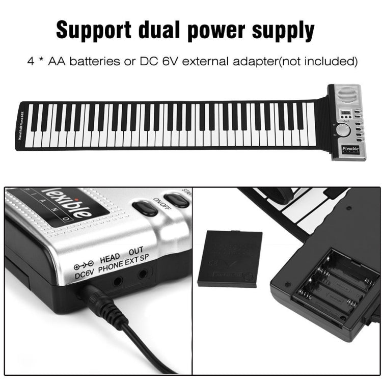 Roll-up electronic keyboard piano showing dual power options for batteries or adapter