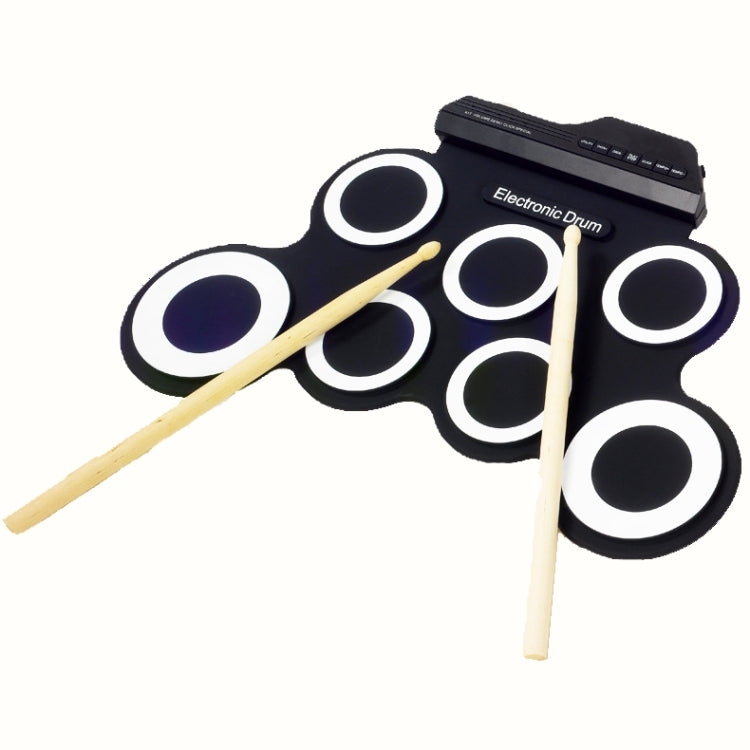 Portable silicone hand roll electronic drum kit with black pads and two drumsticks