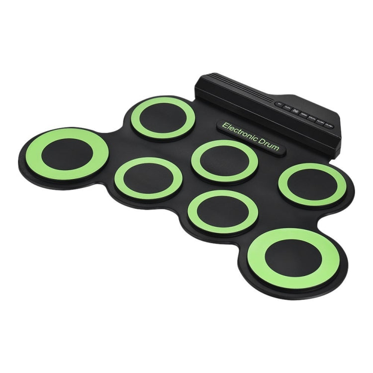 Portable silicone hand roll electronic drum kit with green-ring pads and control unit