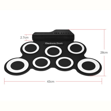 Portable silicone hand roll electronic drum with pad array and size dimensions