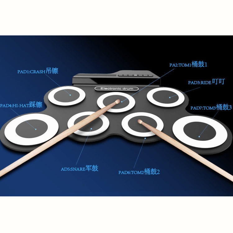 Portable electronic drum with multiple pads and two drumsticks across the pad layout