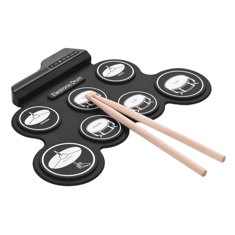 Black electronic roll-up drum with multiple silicone pads and two wooden drumsticks