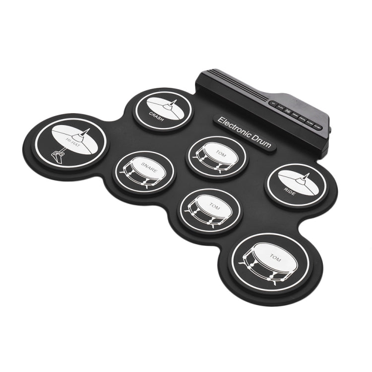Black electronic roll-up drum with labeled silicone pads and a top control strip