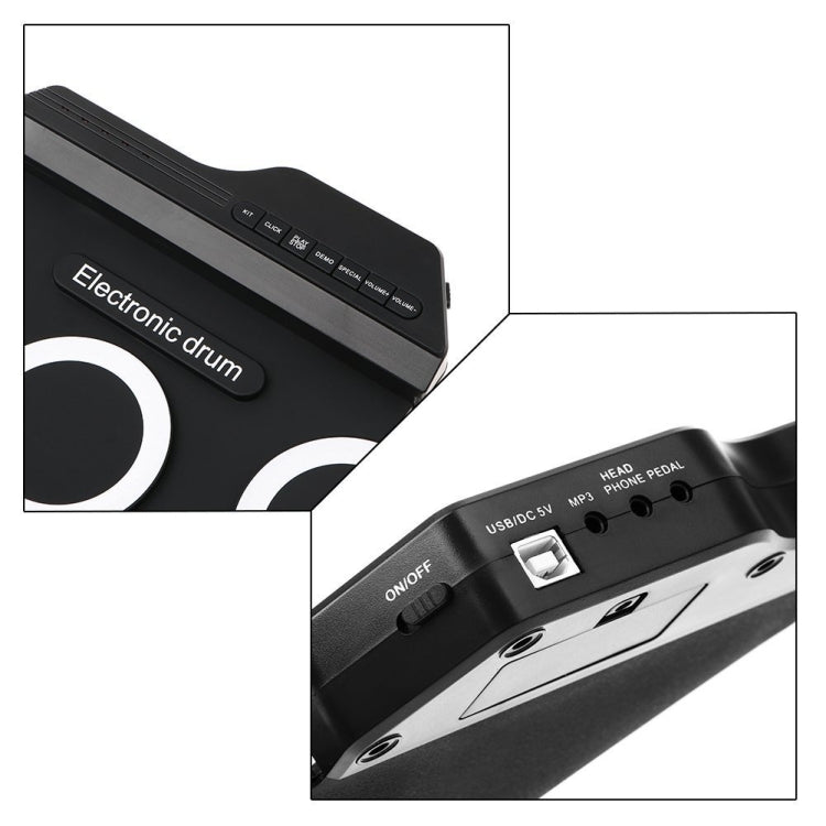 Black electronic drum control strip with on/off buttons and USB port panel