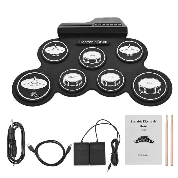 Portable electronic roll-up drum set with silicone pads, cables, foot pedals, and sticks