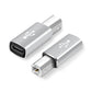 Type-C female to MIDI male adapter, silver housing with USB-C plug and MIDI ports