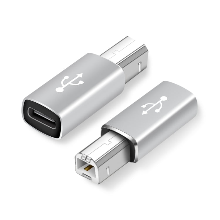 Type-C female to MIDI male adapter, silver housing with USB-C plug and MIDI ports