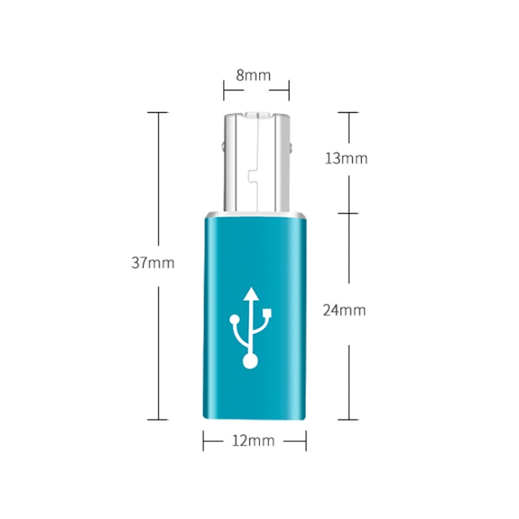 Blue Type-C to MIDI adapter with size dimensions and USB-C connector