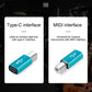 Blue Type-C to MIDI adapter featuring Type-C and MIDI interface ends