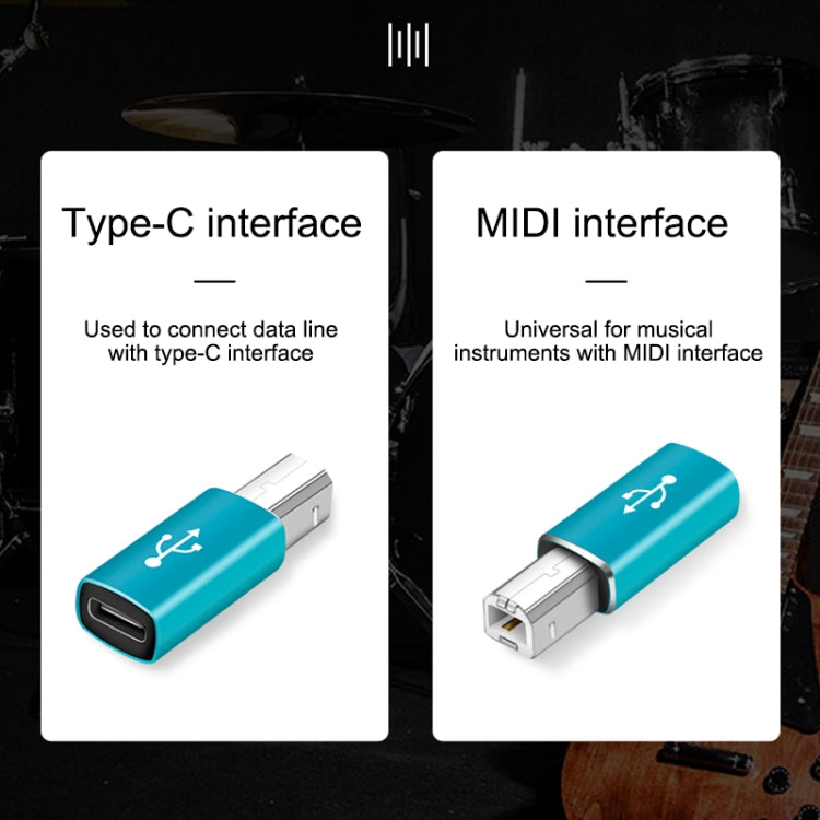 Blue Type-C to MIDI adapter featuring Type-C and MIDI interface ends