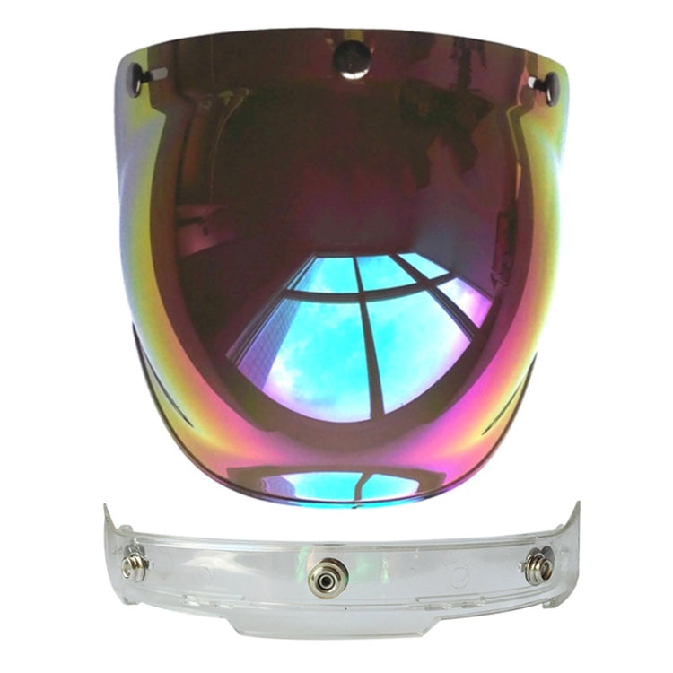 Motorcycle helmet bubble visor with iridescent rainbow lens and clear mounting frame