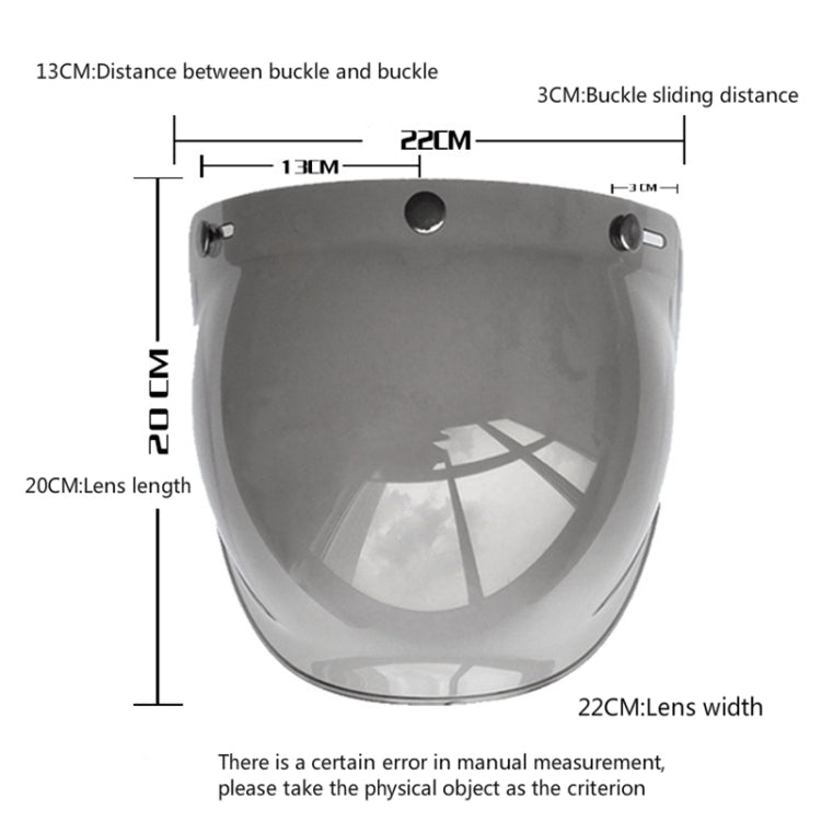Motorcycle bubble visor with dark tinted lens, showing size markings