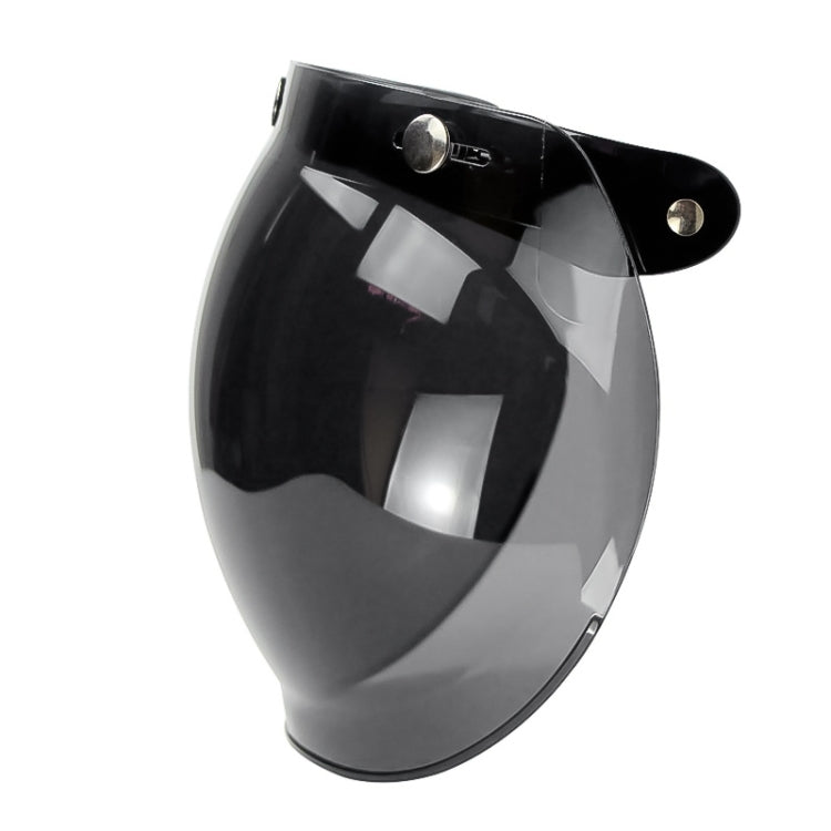 Motorcycle helmet bubble visor with black-tinted lens and side mounting tabs