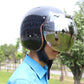 Motorcycle helmet bubble visor with clear mirrored lens, worn on open-face helmet
