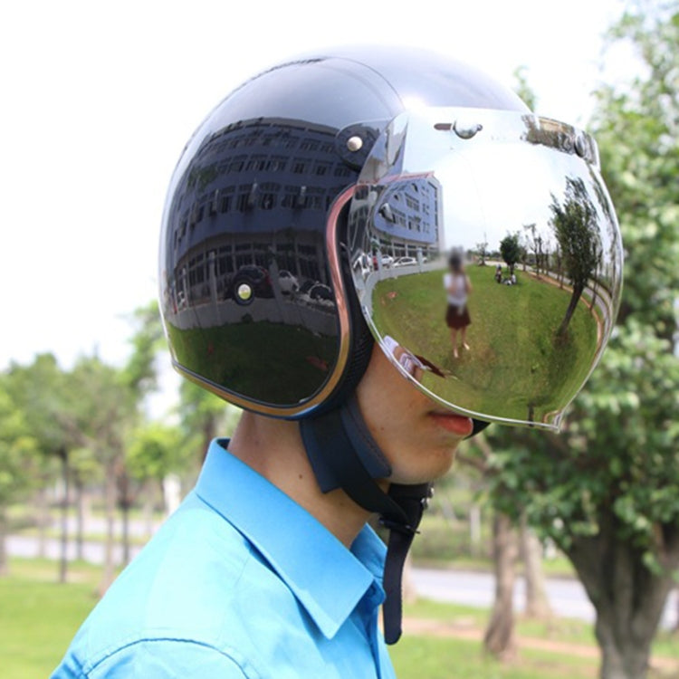 Motorcycle helmet bubble visor with clear mirrored lens, worn on open-face helmet