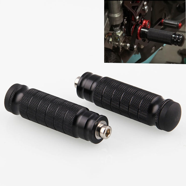 Universal motorcycle rear footpegs, black textured rubber grips with metal mounting bolts, pair