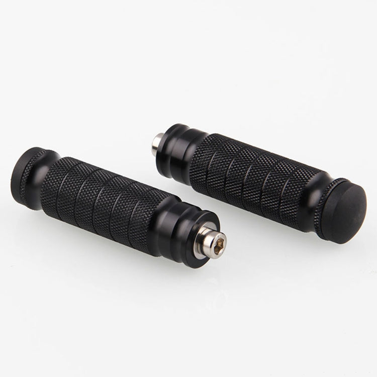 Black textured rubber motorcycle footpegs with metal screws, universal fit, pair