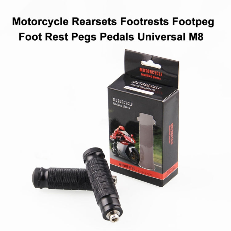 Black textured universal motorcycle footpegs set with retail box packaging