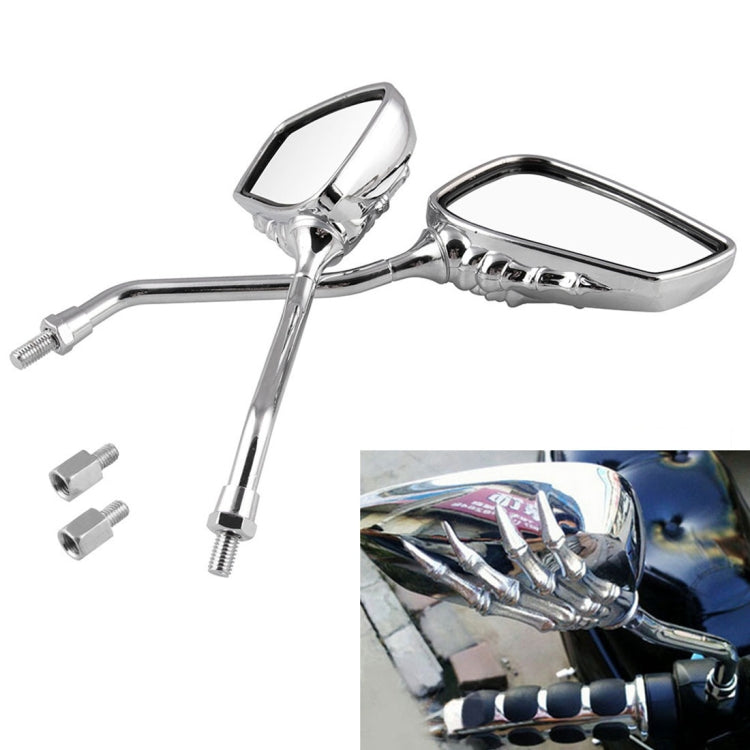 Chrome motorcycle rearview mirror with skeleton hand claw design and mounting stem