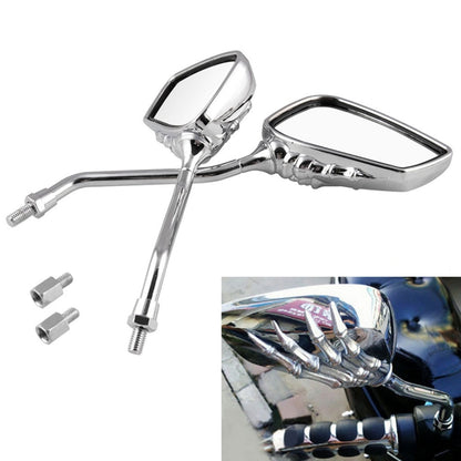 Chrome motorcycle rearview mirror with skeleton hand claw design and mounting stem