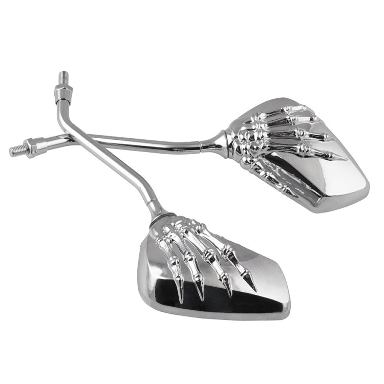 Chrome motorcycle rearview mirror with skeleton hand claw housing and mounting bolts