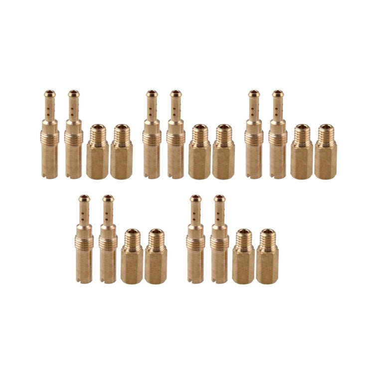 Motorcycle carburetor injector set with assorted brass-colored jet nozzles and fittings