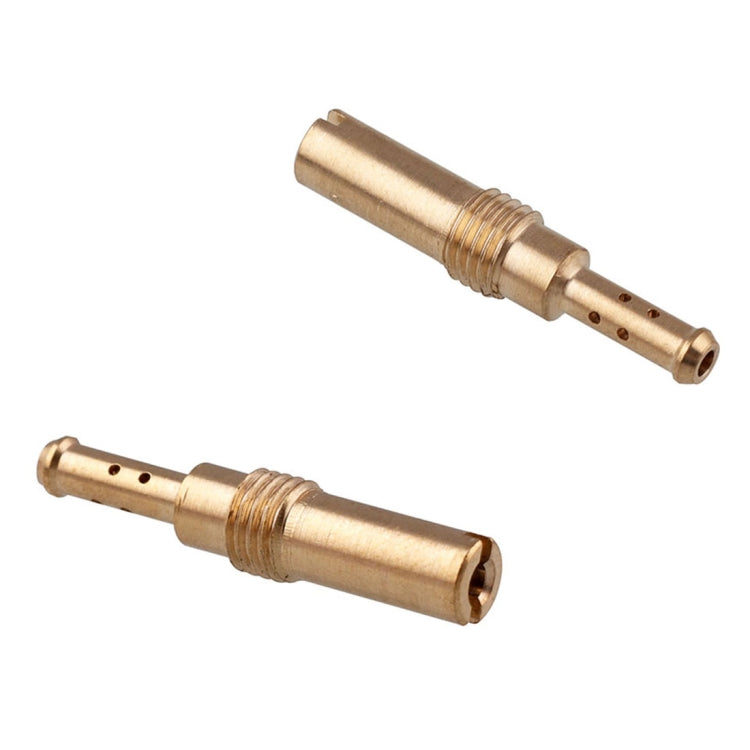 Pair of brass-colored carburetor injector nozzles with tiny side holes