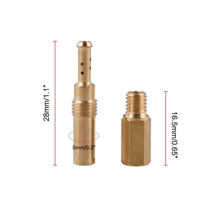 Carburetor injector fitting pair with visible size measurements in inches and mm
