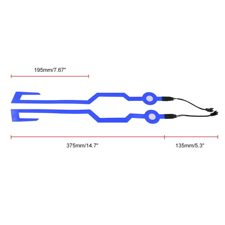 Blue helmet light strip size diagram with cable endpoints