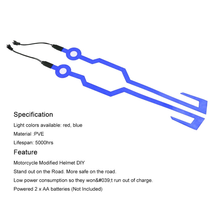 Blue helmet light strip with attached wire leads and two light segments