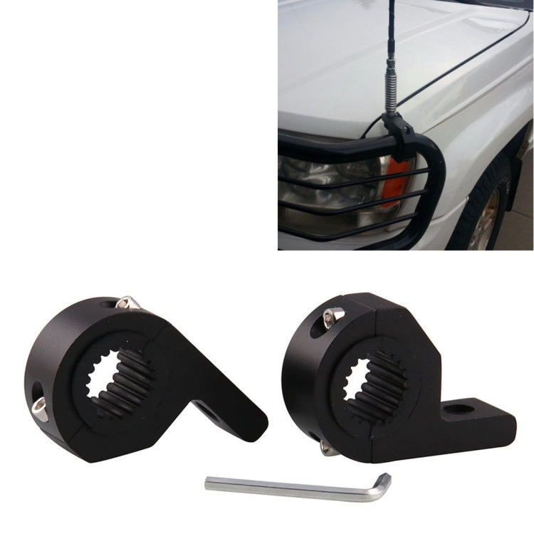 Black universal spotlight fixed clip bracket mounted to vehicle guardrail